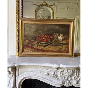 Edmond Ceria, Shrimps And Loaf Of Bread, Oil On Canvas