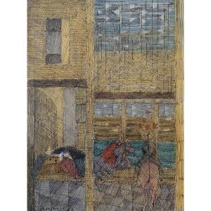 Bertholle, Interior And Riders, 1983, Watercolour And Ink
