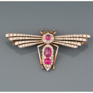 Broche Libellule Française Ancienne en Rubis Et Diamants