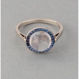 Bague Ancienne Française Art Déco En Platine Saphirs Et Pierre De Lune