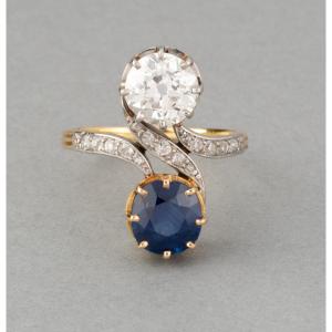 Bague Ancienne Française Toi Et Moi En Or Diamants Et Saphir Belle Epoque