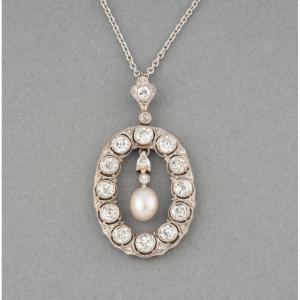 Antique Platinum Diamond And Pearl Pendant Necklace