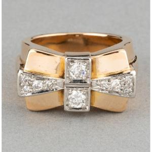 French Vintage Tank Ring In Gold And Diamonds