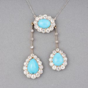 Old French Belle Epoque Necklace In Platinum Gold Diamonds And Turquoises
