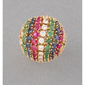 Vintage French Ring In Gold And Precious Stones