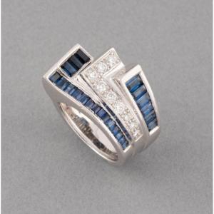 Antique French Retro Platinum Ring With Diamonds And Sapphires