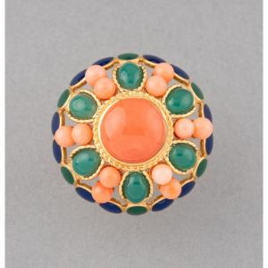 Vintage Cocktail Ring In Coral Gold And Fine Stones