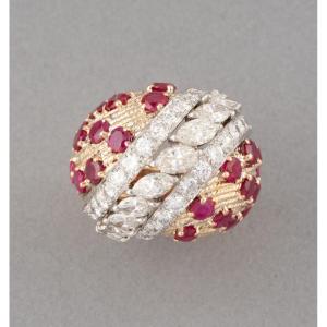Vintage French Ring In 4.50 Carat Gold With Diamonds And Rubies