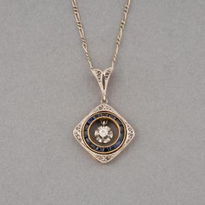 Antique French Pendant Necklace In Gold, Platinum, Diamonds And Sapphires