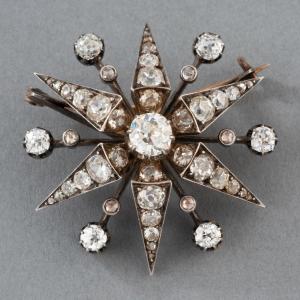 Antique Star Brooch In Gold, Silver And Diamonds