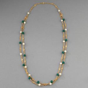 Vintage Gold Necklace With Pearls And Agates