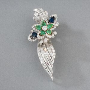 Vintage French Brooch In Gold, Diamonds, Emeralds And Sapphires
