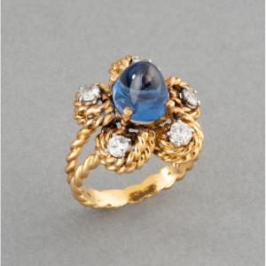 Vintage French Ring In 5 Carat Sapphire And Diamonds