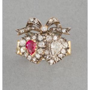 Antique Ring With Crossed Hearts In Gold, Diamonds And Rubies