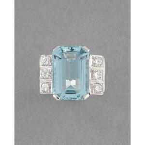 Vintage French Gold Diamond And Aquamarine Ring