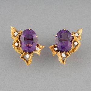 Pair Of Amethyst And Diamond Gold Earrings By Bellin