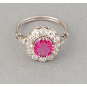 Antique French Ring In Platinum Diamonds And Certified Birman Ruby