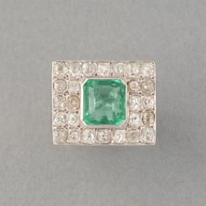 French Art Deco Platinum Diamonds And Emerald Ring
