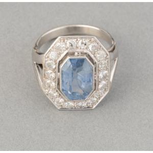 French Art Deco Platinum Diamond And Sapphire Ring
