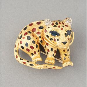Vintage Gold And Precious Stones Feline Brooch