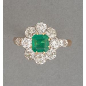 French Belle Epoque Ring In Gold With Diamonds And Colombian Emerald