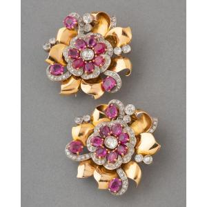 Gold Diamond And Ruby Clips Brooches From The '40s