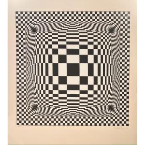 Screenprint By Vasarely Signed And Numbered: Checkerboard Sphere