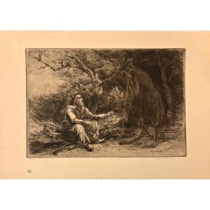 Etching By Marius Borel: Death And The Woodcutter