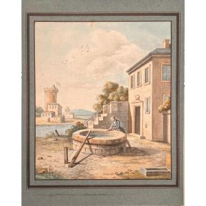 Watercolor, First Quarter Of The XIXth Century: Landscape At The Well