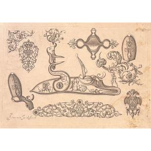 17th Century Engraving By Simonin: Ornaments For Firearms
