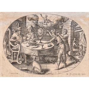 Complete Suite Of 16th Century Engravings By Delaune: The Twelve Months Of The Year