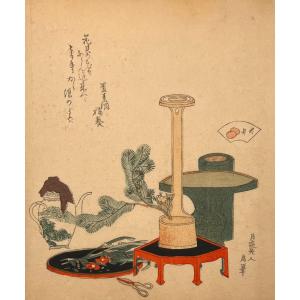 Japanese Print, Surimono By Hokusai: Ikebana Or Preparing The Bouquet