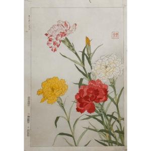 Japanese Shodo Print: Carnations