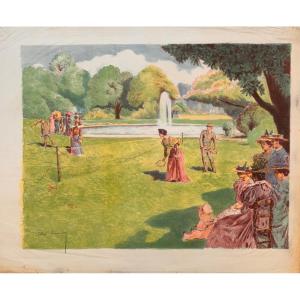Lithograph By Lunois: The Lawn Tennis Or The Shuttlecock Game