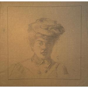 Drawing By Emma Chadwick-lowstadt: Portrait Of A Woman With A Hat