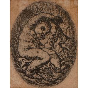 Old Engraving By Schut: Putto Removing A Fish From The Hook 