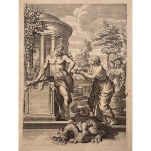 17th Century Print By Greuter: Hercules Having Killed The Dragon, Honoured By The Hesperides 