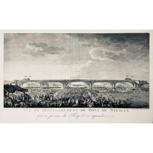 18th Century Engraving By Presvot: View Of The Encirclement Of The Neuilly Bridge