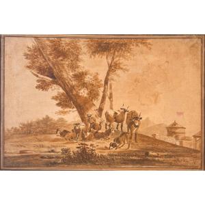 Late 18th Century Wash Drawing: Pastoral