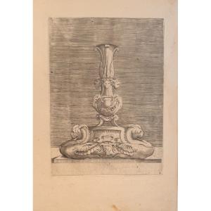 16th Century Engraving After Enea Vico: Candlestick With Goat Heads