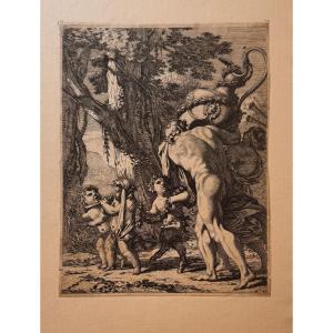 17th Century Engraving By Dorigny: Man And Woman Carrying A Large Vase