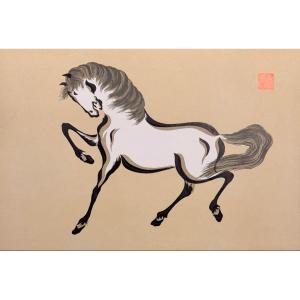 Japanese Print: Horse On A Beige Background