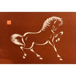 Japanese Print: Horse On A Red Background