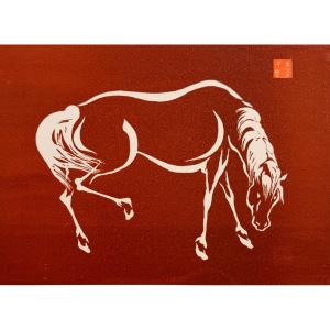 Japanese Print: Horse On A Red Background