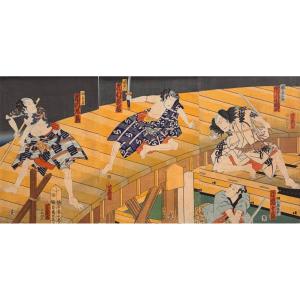 Japanese Triptych Print By Yoshiiku: Kabuki Scene With Tattooed Actors