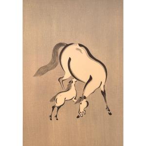 Japanese Woodblock Print Sosaku Hanga: Mare And Her Foal