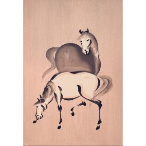 Japanese Woodblock Print Sosaku Hanga: Grey Horse And White Horse