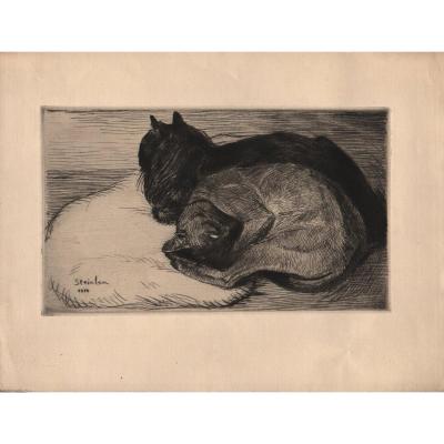 Theophile Alexandre Steinlen Print: Two Cats Sleeping On A Cushion