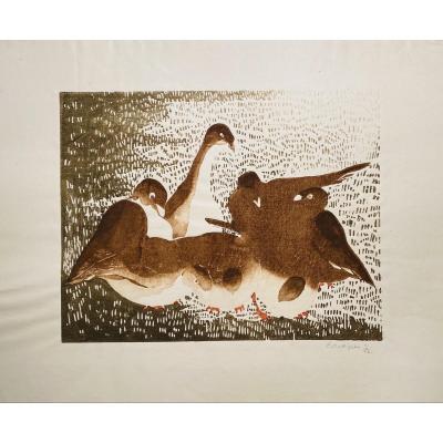 Woodcut By E. Collignon: The Pigeons