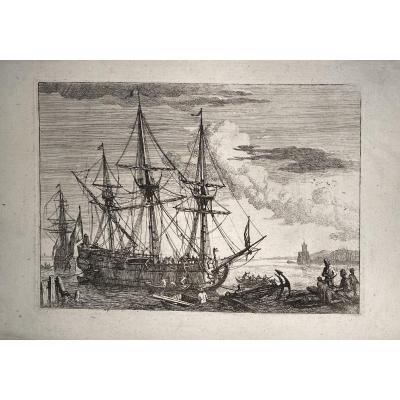 18th Century Print By Manglard: The Vessel In The Harbor